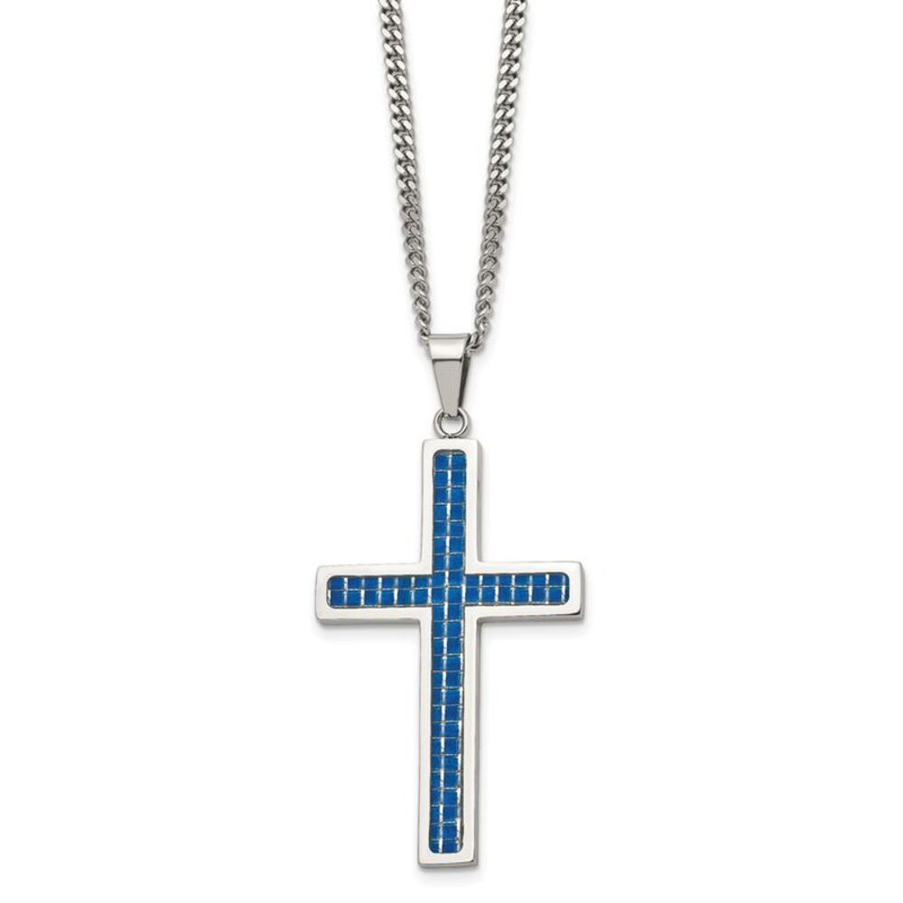 Stainless Steel & Blue Carbon Fiber Large Cross Necklace, 22 Inch